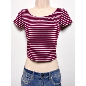 American Eagle Cotton Stretch Burgundy and White Striped Crop Top